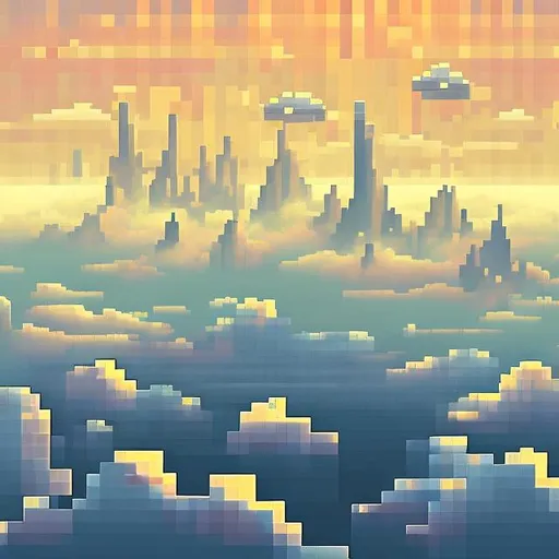 Prompt: Floating city in the clouds, pixel art