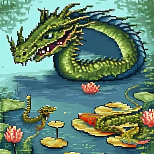Prompt: Dragon in a pond, pixel art