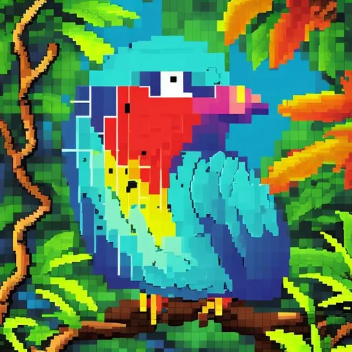 Prompt: Colorful bird in jungle, pixel art