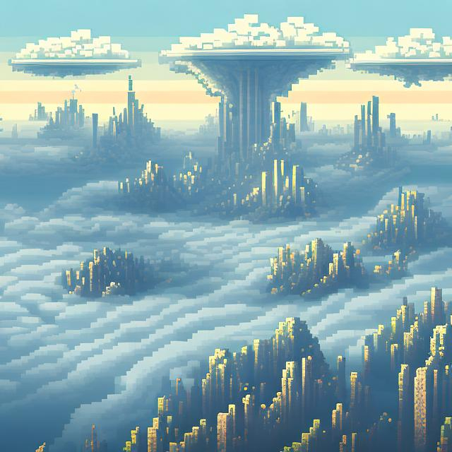 Prompt: Floating city in the clouds, pixel art