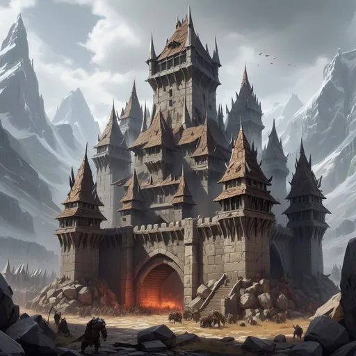 Prompt: a menacing orc fortress with fanged towers, armor-plated walls that flex like muscles, and grumbling stone guardians wielding crystalline spears