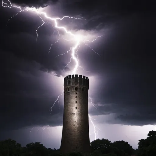 Prompt: Black Tower, lightning bolt background, dark sky