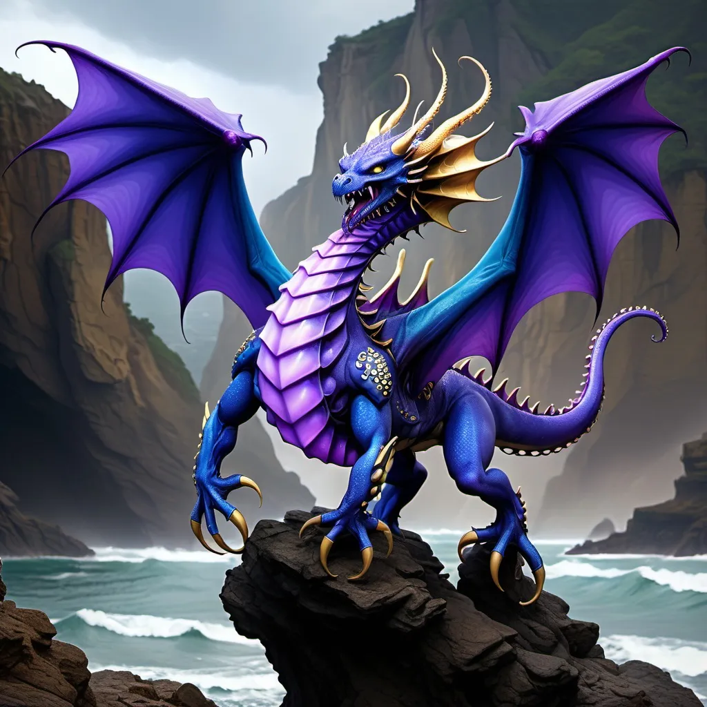 Prompt: a dragon with purple wings, six very long blue octopus tentacles on its back, blue skin, golden stomach, very very large body and tail, two arms and two legs, its head has two horns, it is breathing out purple, blue and gold lightning from its mouth and it is standing on a cliff