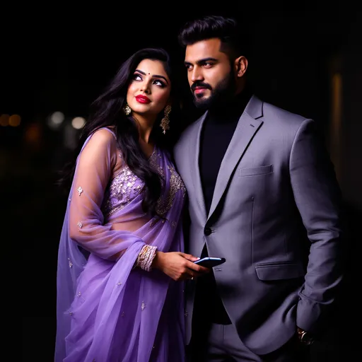 Prompt: In a dimly lit outdoor setting, a couple stands closely together, exuding elegance and charm. The woman, adorned in a delicate, semi-transparent lavender saree embellished with intricate patterns, gazes thoughtfully with her long, flowing black hair cascading around her shoulders. Her bold red lips and statement earrings add to her sophisticated look, while she holds a smartphone in her hand. Beside her, the man exudes confidence in a tailored light gray suit paired with a sleek black turtleneck, his neatly groomed beard highlighting his strong features. The background, partially obscured, hints at an urban environment, contributing to the evening's intimate atmosphere. The scene, imbued with soft lighting, captures a moment of celebration, reflecting joy and connection between the two.