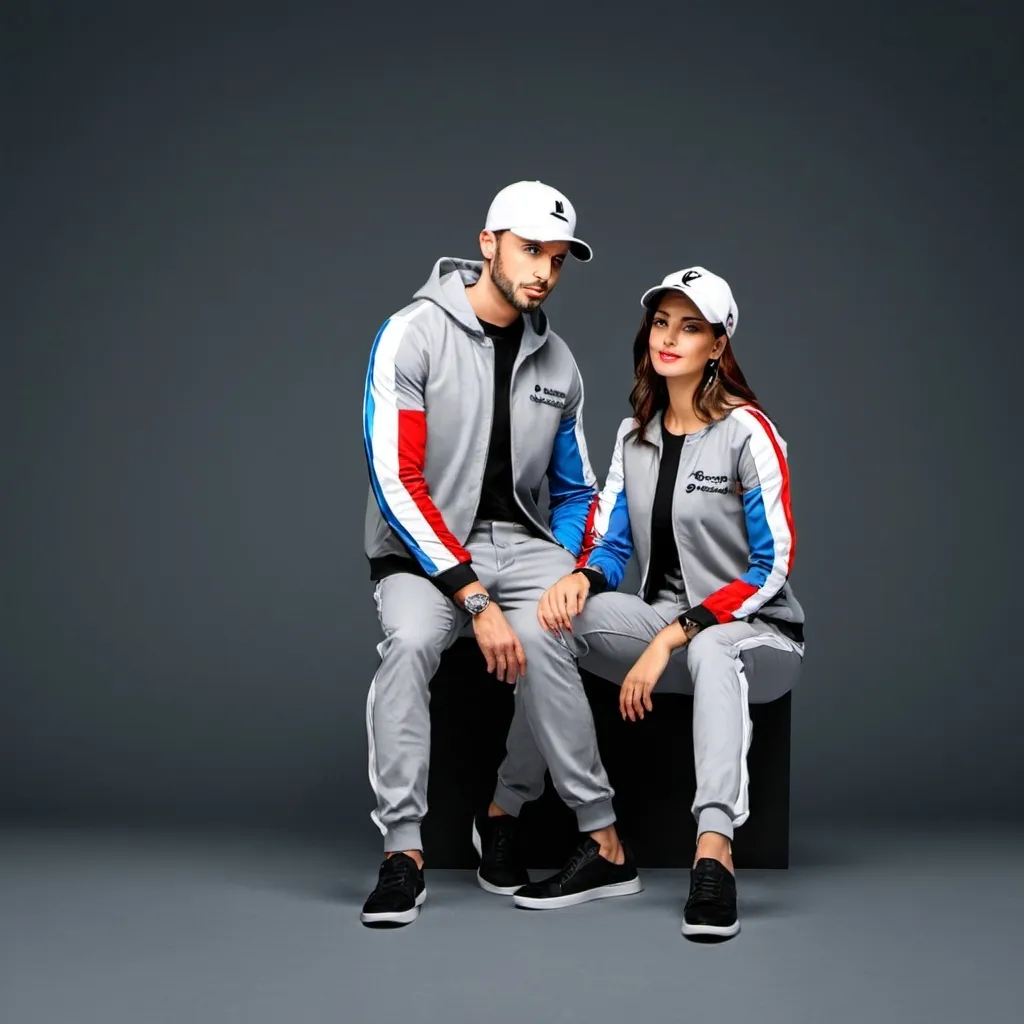 Prompt: make an image with customized clothes, 2 people. Every item is customized. Not too complicated. just a grey or white backgrond. Easy colors with personalised zippers on the jacket, tshirt with different colors of sleeves, workpants in 2 colors with logo. Also a cap with logo

Please a servicepant, 2 people working on the road