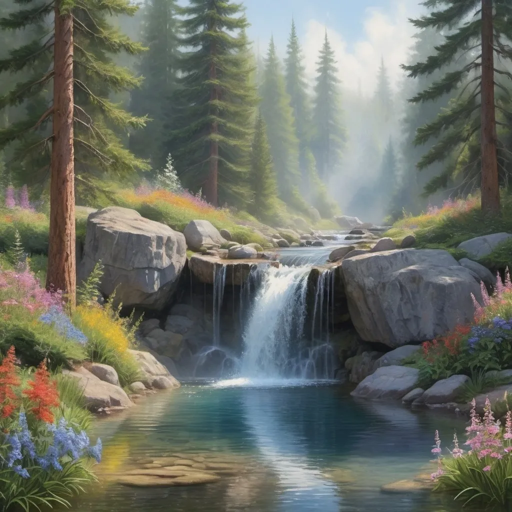 Prompt: A beautiful small waterfall.  There is a pool at the foot of the waterfall Tall firs and wildflowers. Realistic Photo.