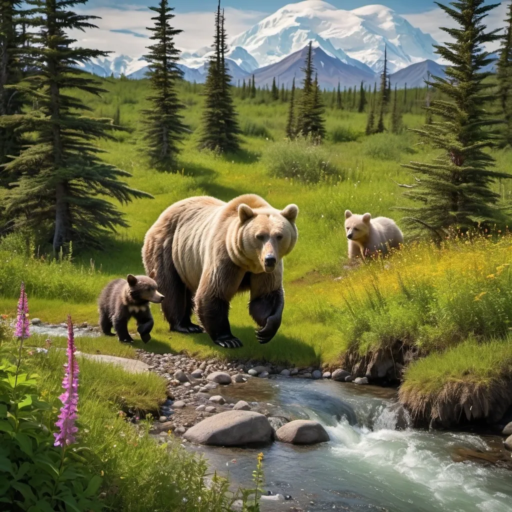 Prompt: Mt. Denali in Alaska spring. A Bear with two small cubs stands by a stream.