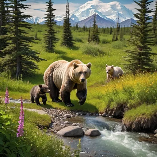 Prompt: Mt. Denali in Alaska spring. A Bear with two small cubs stands by a stream.