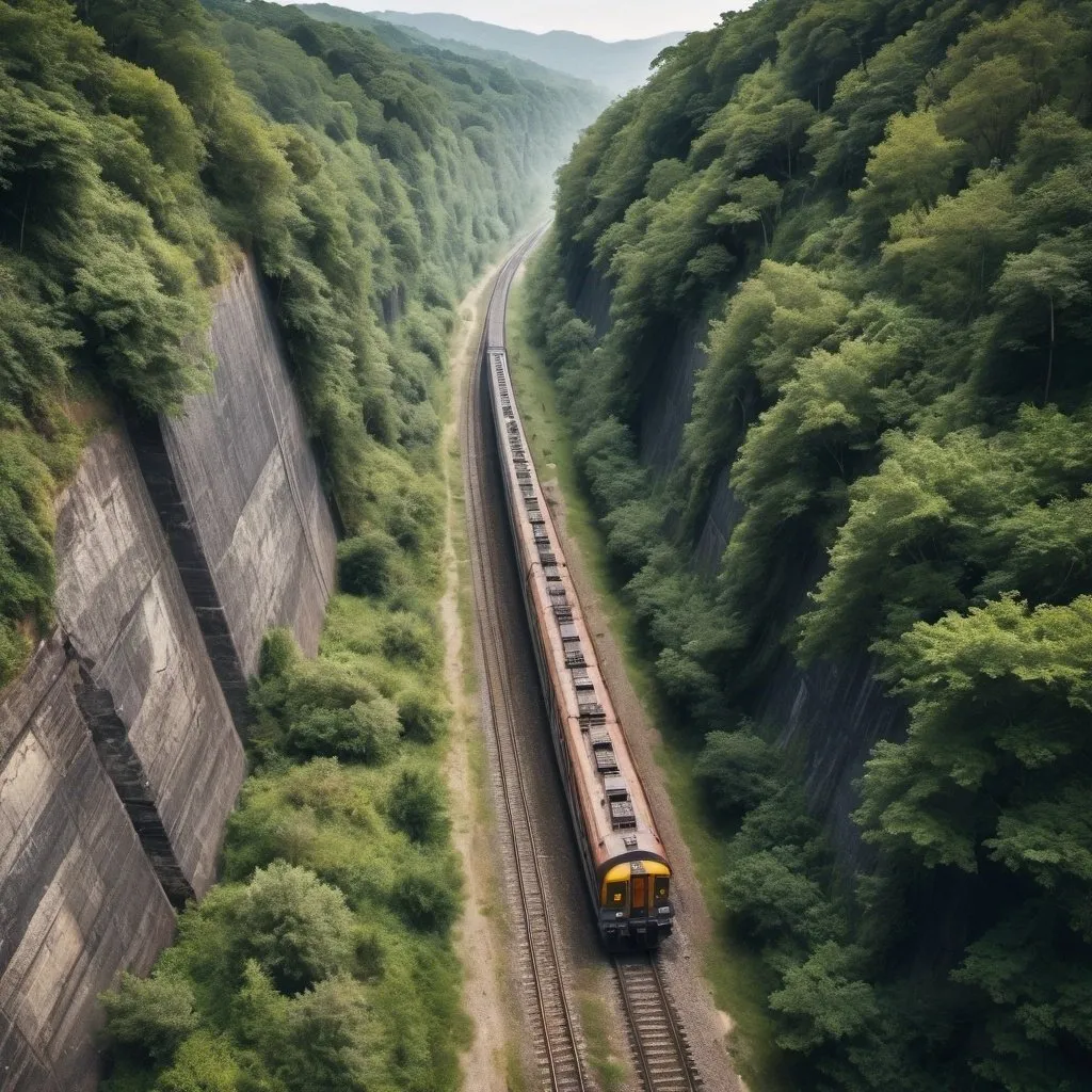 Prompt: wallpaper of a railway skimming through a poesque enclosure while looking from above a natural landscape