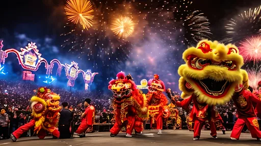 Prompt: New Year's atmosphere, including lion dance elements, many fireworks