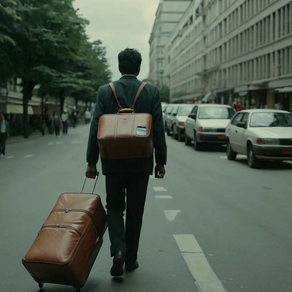 Prompt: a wide shot of a man carrying his luggage and walking in the street
