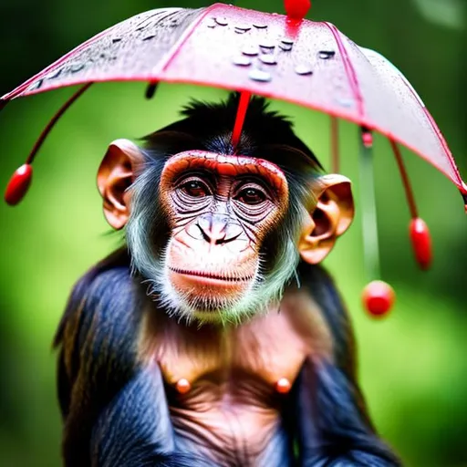 Prompt: monkey with an umbrella hat in rain