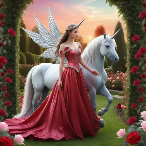 Prompt: a fairy princess in a beautiful long red gown, silver wings and walking in a rose garden with her pet unicorn