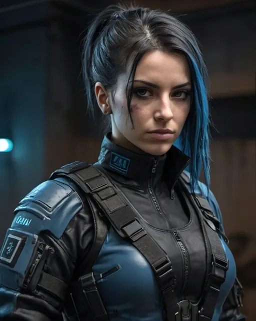 Prompt: Cyberpunk Female Italian commando with black and blue outfit