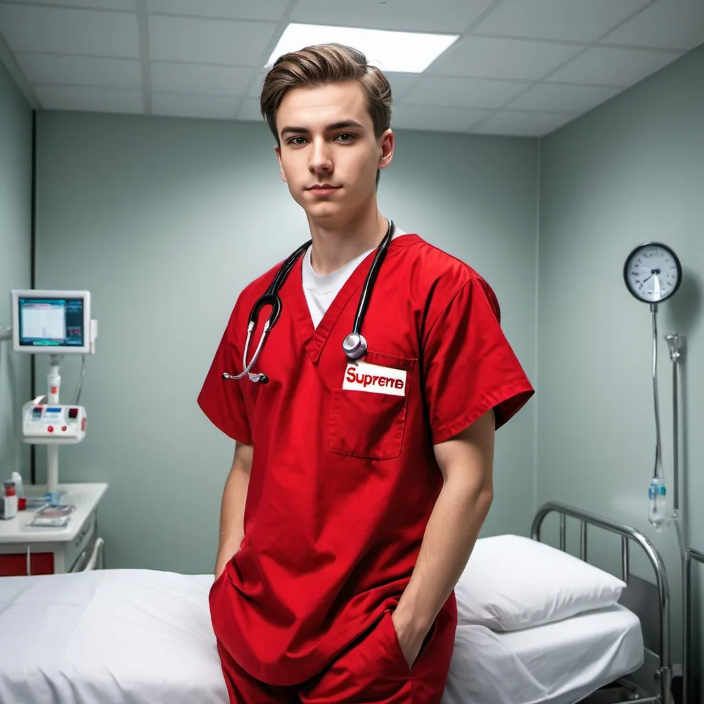 Prompt: Adolescent male patient in a Supreme hospital gown, red Supreme logo, hospital bed, female nurse in Supreme nursing scrubs, red Supreme logo, Supreme stethoscope, medical examination, high quality, realistic, modern, detailed, urban, streetwear, bold colors, professional lighting