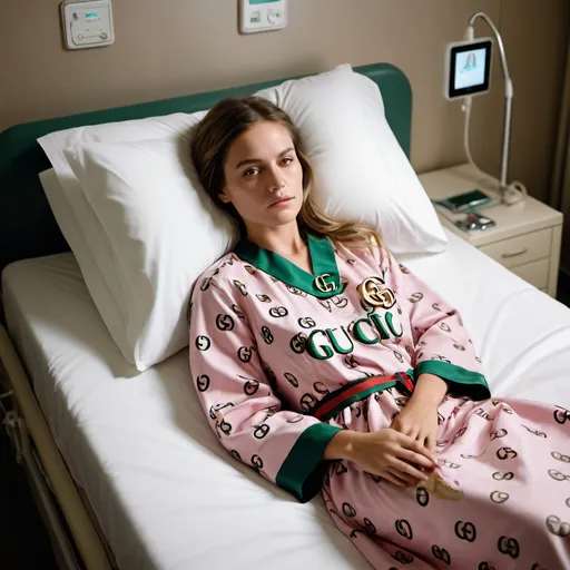 Prompt: Female pediatric patient in a Gucci hospital gown with Gucci logo, lying in a hospital bed with Gucci-designed sheets, high fashion, detailed hospital room, luxury brand, professional photography, high resolution, luxury, pediatric patient, hospital gown, Gucci, hospital bed, designer sheets, high quality, professional, detailed, luxury brand, fashion photography