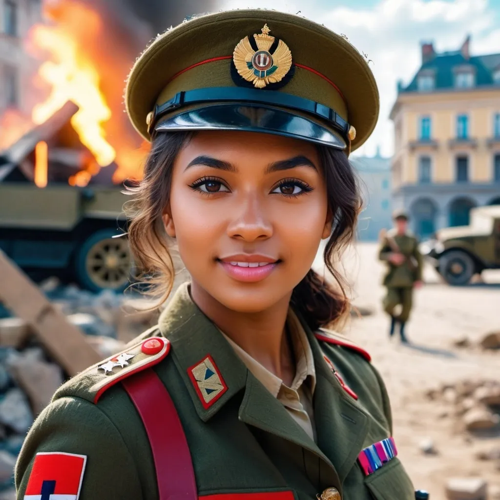 Prompt: A portrait photo of a young woman with brown skin, dressed as a female army soldier during WW1, vivid colors, 4K, HDR, in the background are destroyed buildings, bokeh, an expression of sweetness, curiosity, and happiness, in the style of Alexandr Averin