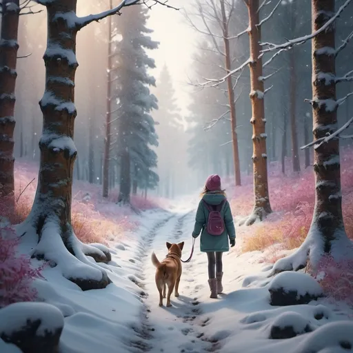 Prompt: Girl walking beside a dog, seen from behind in a Snowy forest. Lots of colors and details. Snowy forest, (vibrant colors), (highly detailed), enchanting atmosphere, soft light filtering through the trees, gently falling snowflakes, layers of snow covering branches and ground, serene winter ambiance, diverse flora textures, magical and whimsical elements, tranquil setting, (ultra-detailed), (4K), cold tones contrasting with warm highlights, playful shadows amidst the snowfall.