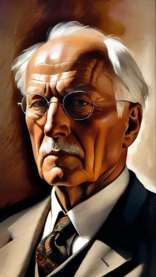 Prompt: (captivating portrait of Carl Jung), (45° angle), (oil painting), intricate detailing, soft brush strokes, warm color palette, deep expressive eyes, thoughtful expression, historical ambiance, classic art style, with a slightly blurred background enhancing focus on Jung's figure, high resolution, ultra-detailed, evocative atmosphere, reflecting depth and insight.