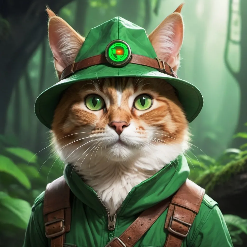 Prompt: an adventurer who has the face of a movie cat who is looking for a green crypto token.
