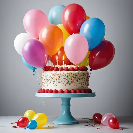 Prompt: Create a birthday cake with balloons around 