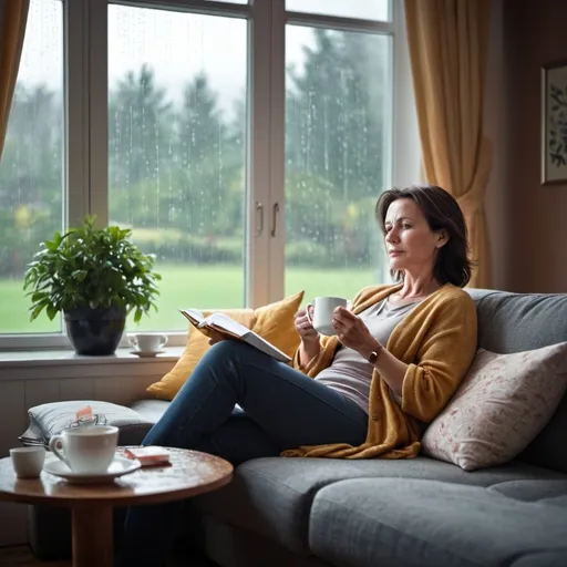 Prompt: a female of around 45 years old, relaxing on a couch with a cup of tea while it is raining outside. The woman is looking serene and relaxed. There is a diary or calendar dropped on the couch near her that is visible. I would like the image to be an animated style that would be suitable for a professional newsletter.