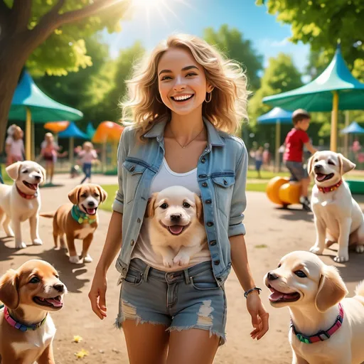 Prompt: Extravagant, beautiful woman at a children's park with puppies, vibrant colors, smiling joyfully, surrounded by lush greenery and playful dogs, reflecting a lively and cheerful atmosphere, sunshine streaming through trees, detailed clothing and accessories, capturing a dynamic moment, highly detailed, HD quality, joyful vibe.