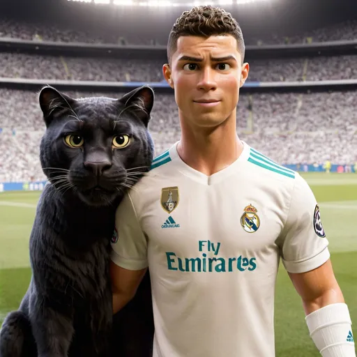 Prompt: Cristiano Ronaldo in the Real Madrid Jersey with a big Black Panther in the back of him