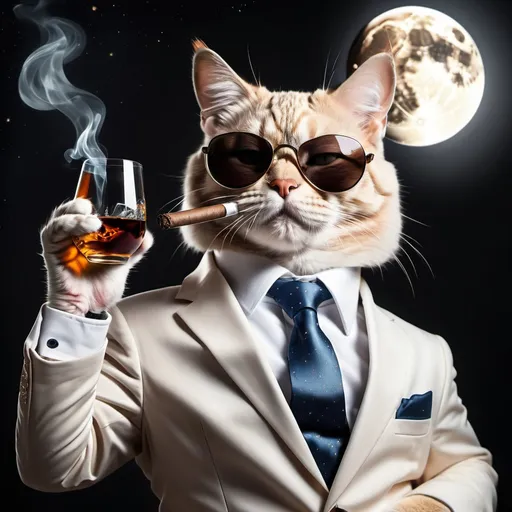 Prompt: Cat sitting on the  moon wearing business suit and sunglasses smoking a cigar with 1 glass of bourbon in paw