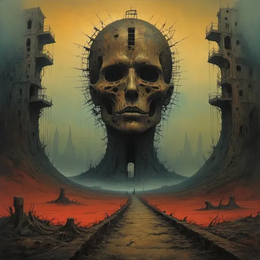 Prompt: Generate a surreal landscape with unrealistic forms." Zdzisław Beksiński style.
2. "Create an image of a post-apocalyptic landscape with creepy structures."
3. "Design a hybrid human being with animal and mechanical elements."
4. "Create an artistic composition that arouses anxiety and fascination at the same time."
5. “Create an abstract painting that shows the duality between beauty and horror.