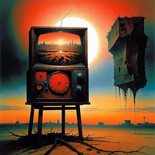 Prompt: Regenerate this painting in the style of the painter Zdzisław Beksiński sanguine, umbriam. In the background you can see  berlin, AND tv, AND CLOCK, and above it there is a huge ruined camper with roots coming out of the ocean. There must be asymmetry. Irregular shapes. You can see Berlin in the background and a huge radio above it. The  motor  surrounds part of the image Zdzislaw Beksinski, sanguine, umbriam, clock