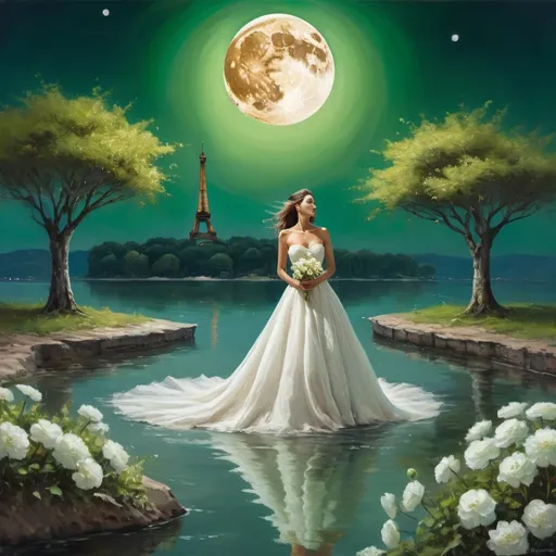 Prompt: Generate an oil painting.  The photo shows a fantastic scene of floating islands with a large moon in the background. The woman is shown in a wedding dress. He holds shoes in his hand. Pose women very sharply, expressively. The background is very blurry, only the woman can be seen very clearly and sharply. On one island there is a tree with white flowers, and on the other you can see a building resembling the Eiffel Tower.  green



