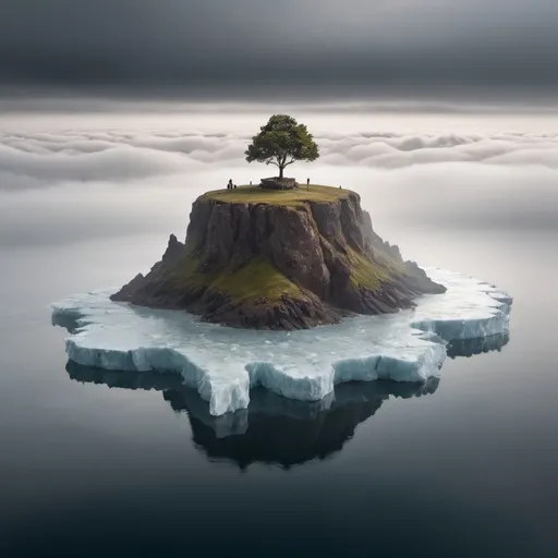 Prompt: Generate a small island in the shape of a lump of earth, it is brown, the top of the island is covered with ice, a little girl is sitting on the island with her back turned, looking into the distance, there is a huge fog in the background. The girl can be seen very clearly lit. at the base of the island, a gray, choppy sea. The island is levitating and is floating in the clouds without any support. Use perspective foreshortening in the image.