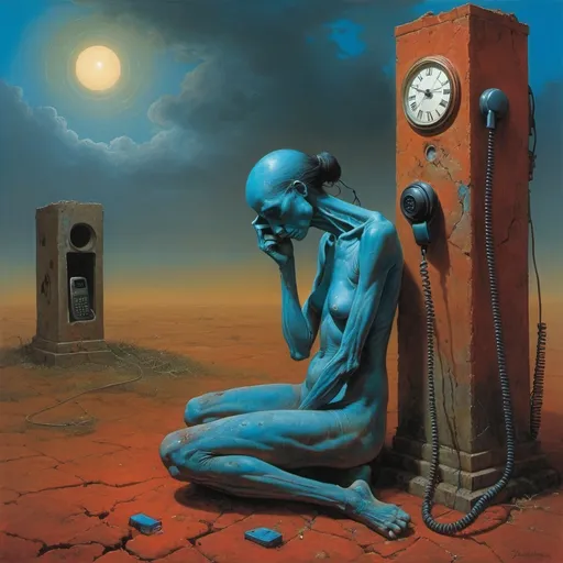 Prompt: Generate Zdzisław Beksiński, umbria, sanguine Generate The painting shows a blue-skinned, emaciated figure, bent over, pensive over a large, ruined telephone. Woman Meditates. The central female figure is emaciated and mysterious. Use the Umbrian and Sanguine styles. He appears to be contemplating or examining a large telephone on the ground. The phone is brownish and rotten, with holes and missing parts, indicating that it has been in the ground for a long time. In the background you can see a huge phone in the clouds that is barely recognizable. The clock is immersed in a foggy atmosphere. gloom.