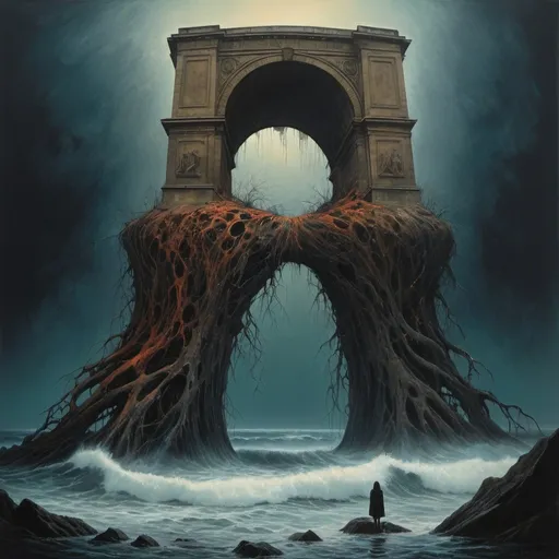 Prompt: Generate a painting in the style of the painter Zdzisław Beksiński. Picture in dark colors. Asymmetrical image, asymmetry used. A mysterious figure in irregular shapes or poses. The image shows a faceless woman holding in her hands an old, dismantled washing machine with huge roots emerging from the depths of the ocean. In the background you can see the huge Arch of Victory in Paris and a broken, rusty, shot down rocket. A very dark picture. Lots of vivid colors. Image without much detail