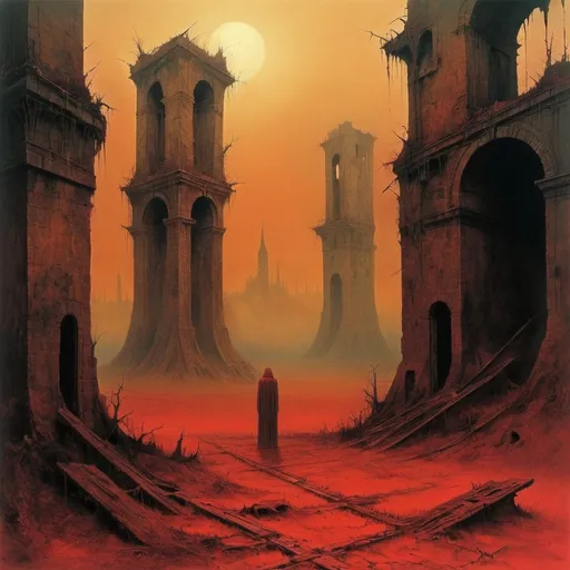 Prompt: Generate a painting in the style of the painter Zdzisław Beksiński. Create an artistic composition that arouses anxiety and fascination at the same time. Use sanguine and umbria. The background is Paris, ruins. Generate a surreal landscape with unrealistic forms.
Create an image of a post-apocalyptic landscape with creepy structures. Paryż,