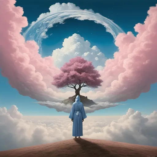 Prompt: In a realm where reality bends and twists,
A figure stands on a floating earth's midst.
Gazing afar at a lone tree's sight,
Cloaked in a robe, under the soft light.

The sky, a canvas of blue, white, and pink,
Where fluffy clouds freely float and sink.
The earth, unbound by gravity's chain,
Floats like a dream in the memory lane.

The figure, a mystery wrapped in a robe,
In this surreal world, probes.
A world where earth and sky intertwine,
Painted in hues of Umbria and Sangwina.

The scene whispers tales of the arcane,
Of surrealism in every frame.
A world where the usual rules unwind,
And leaves a trail of wonder in the mind.
