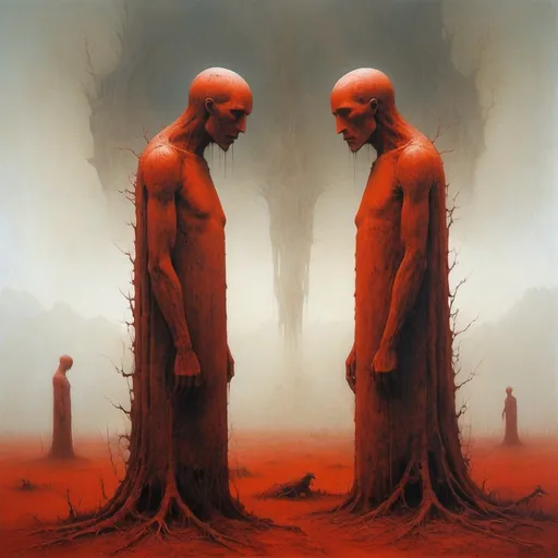 Prompt: generate paintm style zdzisław beksinski. Phone, Two mysterious figures. The figures can be seen very sharply and expressively. The background is very blurry, only the characters can be seen clearly and sharply. . Titanium White
The background is a sanguine painting and umbria style