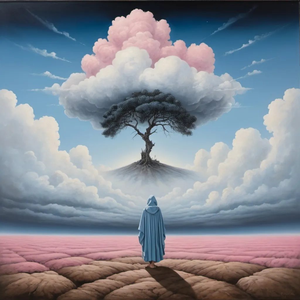 Prompt: Generate  women, umbria iand sangwina. The image shows a person standing on the edge of a floating clump of earth, looking towards a lone tree at the other end. Umbria, sangwina  The scene is ethereal with floating clumps of earth against a cloudy sky. The person is depicted in a flowing robe, which adds mystery to the subject of the painting. The sky is painted in shades of blue, white and pink, giving it an unreal look. The clouds are fluffy and scattered all over the sky. An element of surrealism is evident as clumps of earth float among the clouds with no visible support or connection to the ground.