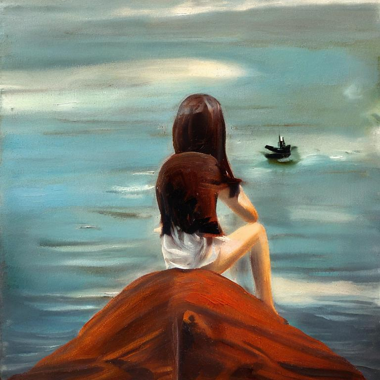 Prompt: Create a small island resembling a brown, irregular shape, the top of the island is brown and white. The island sticks out of the depths of the ocean. The girl sits on an island with her back turned and watches a sinking ship in the distance. . Use foreshortening. Picture style: oil painting. Foreshortening.