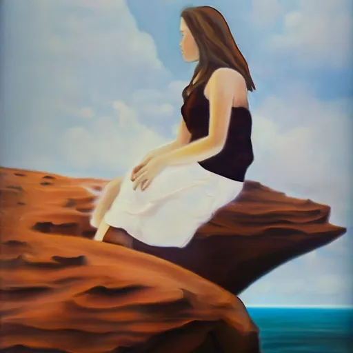 Prompt: Create a small island resembling a brown, irregular shape, the top of the island is brown and white. The island sticks out of the depths of the ocean. The girl sits on an island with her back turned and watches a sinking ship in the distance. . Use foreshortening. Picture style: oil painting. Foreshortening.