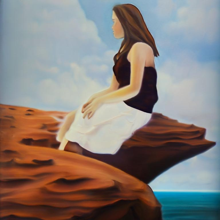 Prompt: Create a small island resembling a brown, irregular shape, the top of the island is brown and white. The island sticks out of the depths of the ocean. The girl sits on an island with her back turned and watches a sinking ship in the distance. . Use foreshortening. Picture style: oil painting. Foreshortening.