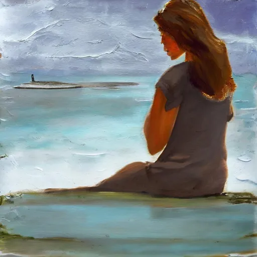 Prompt: Create a small island resembling a brown, irregular shape, the top of the island is brown and white. The island sticks out of the depths of the ocean. The girl sits on an island with her back turned and watches a sinking ship in the distance. . Use foreshortening. Picture style: oil painting. Foreshortening.