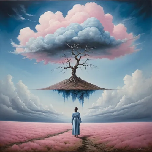 Prompt: Generate  women, umbria iand sangwina. The image shows a person standing on the edge of a floating clump of earth, looking towards a lone tree at the other end. Umbria, sangwina  The scene is ethereal with floating clumps of earth against a cloudy sky. The person is depicted in a flowing robe, which adds mystery to the subject of the painting. The sky is painted in shades of blue, white and pink, giving it an unreal look. The clouds are fluffy and scattered all over the sky. An element of surrealism is evident as clumps of earth float among the clouds with no visible support or connection to the ground.