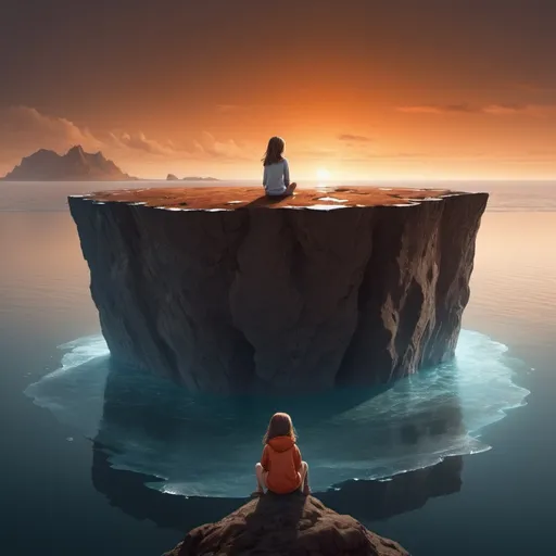 Prompt: Generate a small island in the shape of a lump of earth, it is brown, the top of the island is covered with ice, a little girl sits on the island with her back turned, looking ahead. There is a slightly orange haze in the background. The girl can be seen very clearly, she is lit. The island emerges from the depths of the ocean. Use perspective foreshortening in the image.