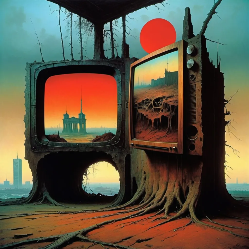 Prompt: Regenerate this painting in the style of the painter Zdzisław Beksiński sanguine, umbriam. In the background you can see  berlin, AND tv, AND CLOCK, and above it there is a huge ruined camper with roots coming out of the ocean. There must be asymmetry. Irregular shapes. You can see Berlin in the background and a huge radio above it. The  motor  surrounds part of the image Zdzislaw Beksinski, sanguine, umbriam, clock