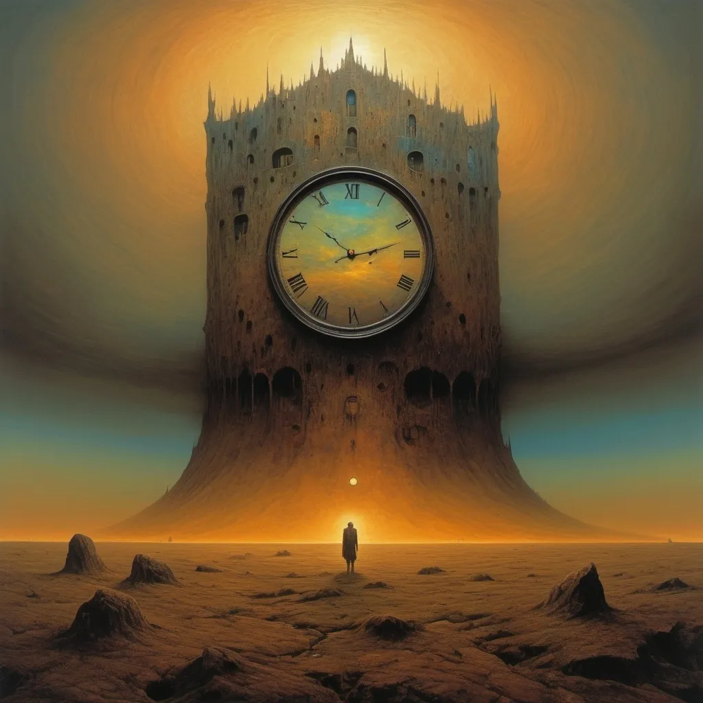 Prompt: Generate The artwork presents a haunting and surreal atmosphere, typical of Zdzisław Beksiński's style. It features:Color Palette A blend of warm and cool tones, with dominant shades of brown, orange, and yellow contrasting against darker hues and lighter, ethereal glows. Central Motif. A clock face, pale with black hands, is the focal point, set within a melting or warping structure that suggests fluidity and distortion of time. Mood The piece evokes a sense of surrealism and abstractness, with a background that could be interpreted as a starry night or distant lights, adding to the overall mysterious and otherworldly quality. This description captures the essence of the artwork without detailing every element, reflecting the enigmatic nature of Beksiński's work.