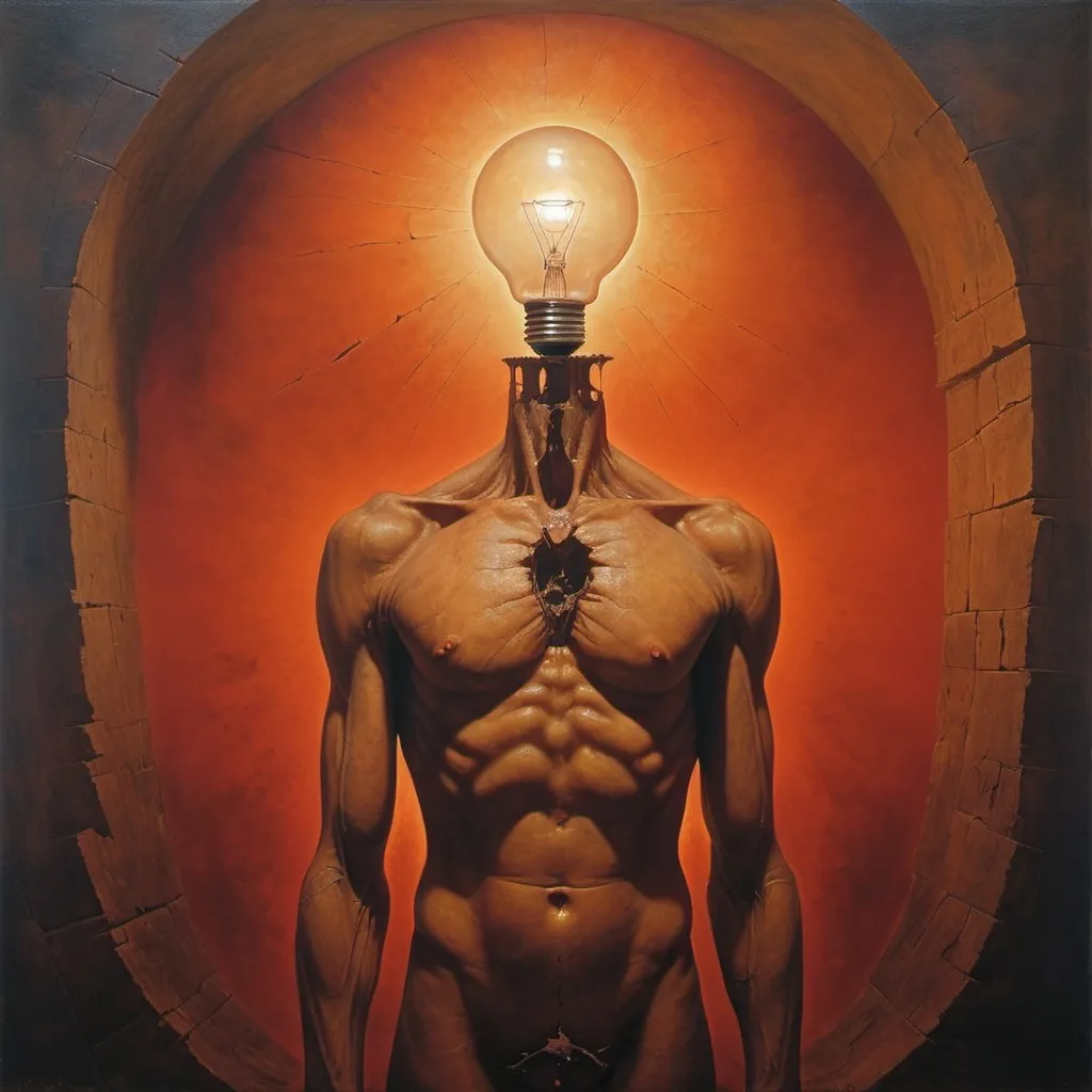 Prompt: Generate an image in the style of the painter Zdzisław Beksiński. oil painting, Umbria, sanguine, Apply light and shadow style, asymmetry, Wawel in Krakow, Apply light and shadow style. in the center there is a figure with a torn chest and a light bulb in the middle