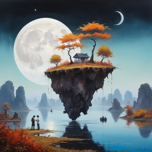 Prompt: Generate an oil painting. The photo shows a fantastic scene of two floating islands with a large telephone instead of the moon. Phone in the background. Two mysterious figures. The figures can be seen very sharply and expressively. The background is very blurry, only the characters can be seen clearly and sharply. On one island there is a tree with white fruit, leaves like in autumn.