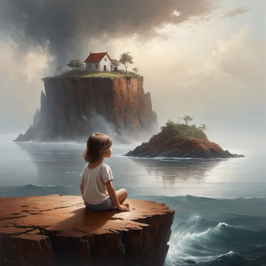 Prompt: Generate a small island like a brown irregular block, there is a brown top of the island, a white island comes out of the depths of the sea. A little girl sits on the island with her back turned, and there is a foggy sky in the background. Use foreshortening. and asymmetric. Picture style: oil painting.